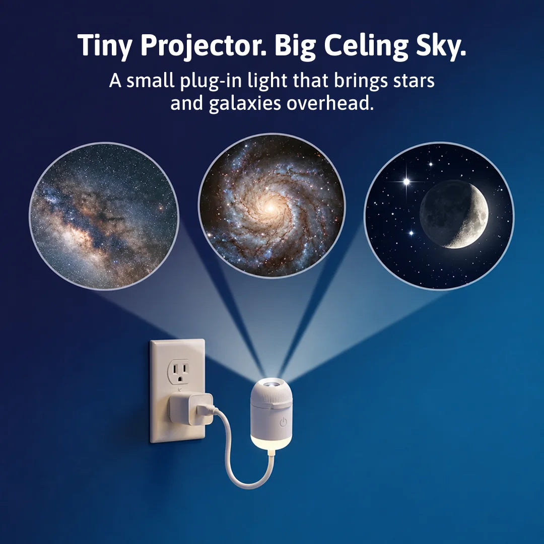 Tiny projector throwing three sharp galaxy scenes onto a ceiling