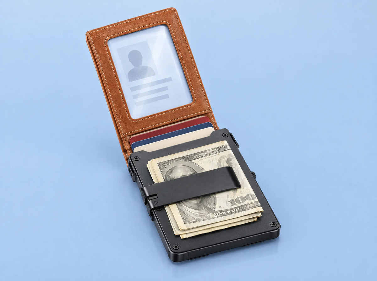 Wallet open with folded bills under the money clip on the inside