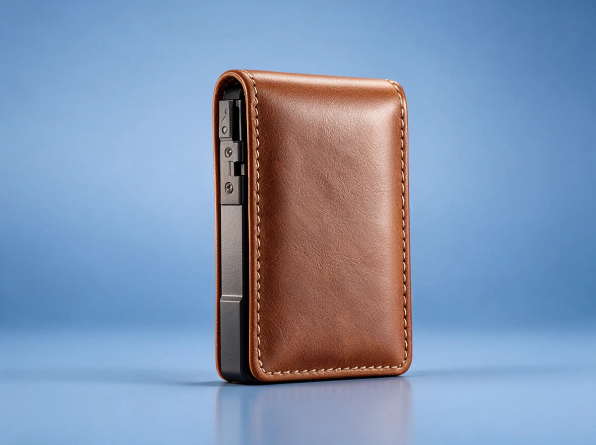The closed wallet from the side showing how slim it is