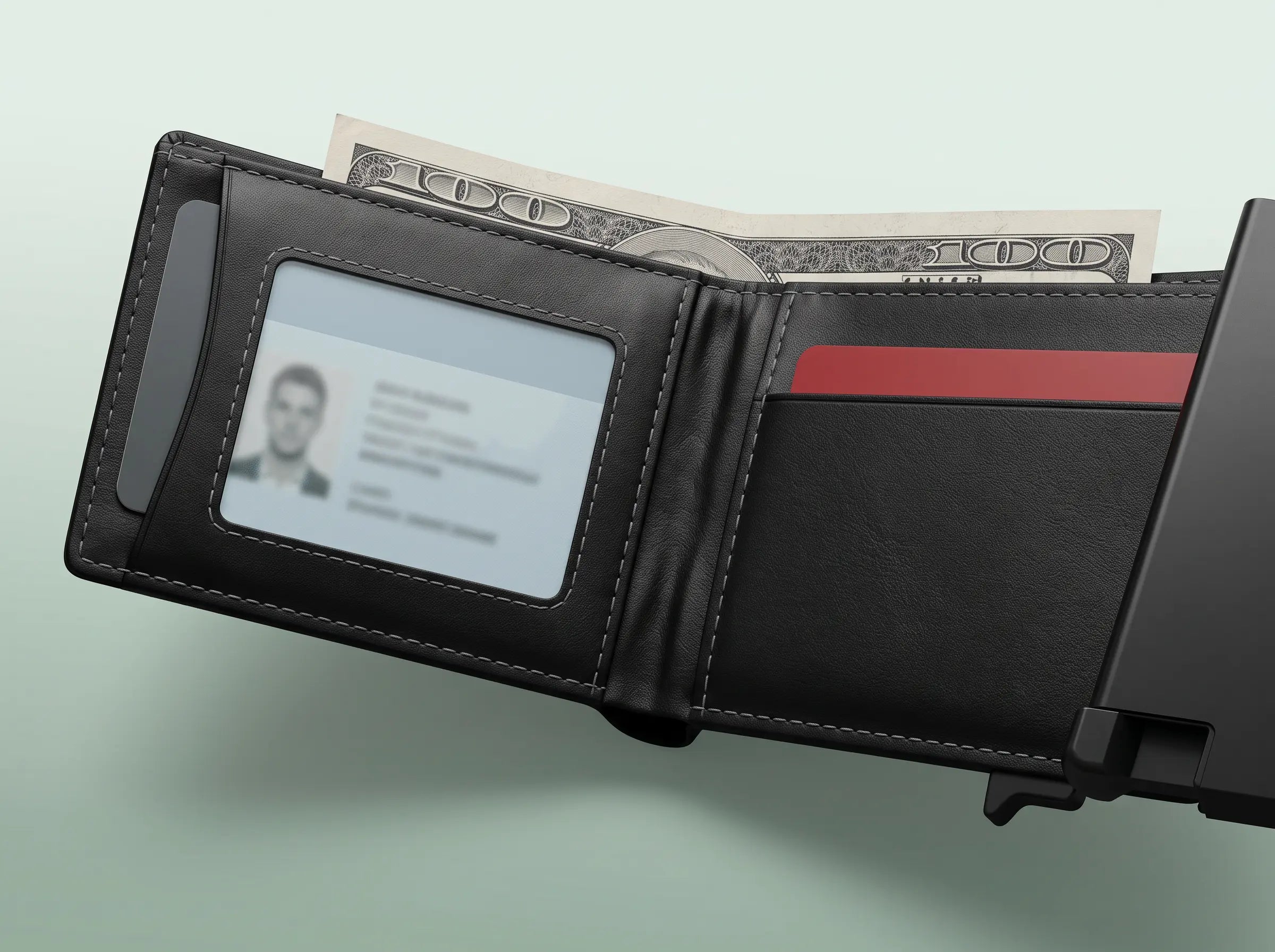 Wallet open with a hundred dollar bill lying flat in the pocket and a licence behind the clear ID window